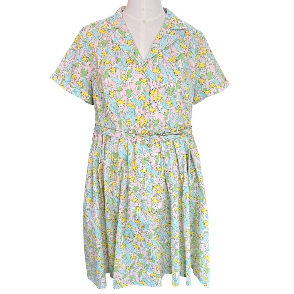 Torrid Disney Tinkerbell Dress 22 Pink Green Fairy Print Belt Pockets EUC